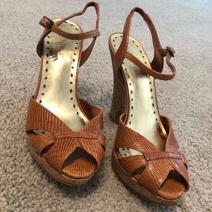 🐙 3/$50 BCBGirls Leather Peeptoe Wedge Slingback Sandals